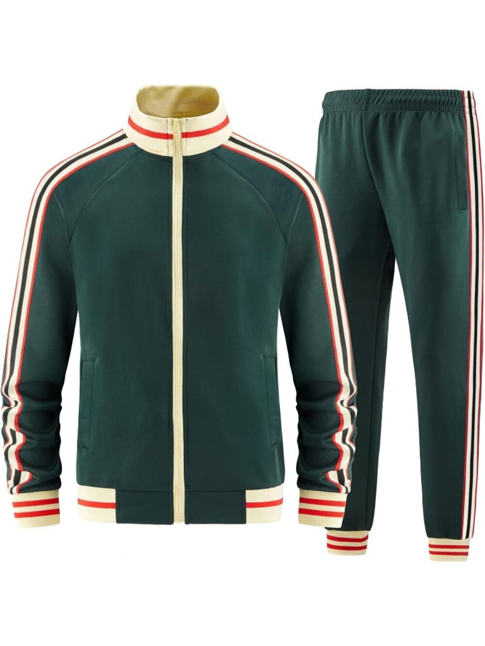 Men's 2 Piece Suit Green Slant Pocket Long Sleeve Full Zip Track Jacket Pant